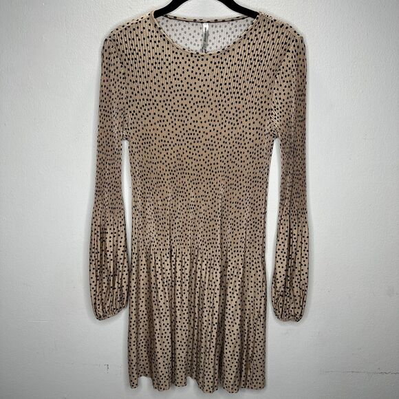 Stradivarius Beige Black Polka Dot Mini Pleat Balloon Sleeve Round Neck Dress - Picture 4 of 15